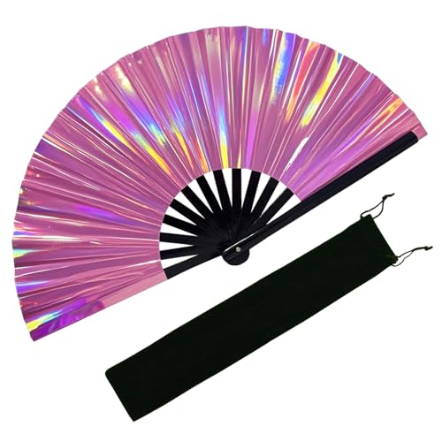 EOSAU Large Holographic Rave Fan Folding Hand Fans for Line Dancing Portable Handheld Clack Fan for Festival EDM Party Music Outfit Accessories (13 Pink 01)