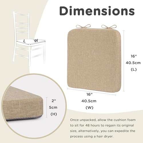 Image of AddGrace Square Chair Cushions for Dining Chairs 4 Pack 16x16x2inch Beige | Non Slip, Removable Cover with Ties, Textured Fabric, for Kitchen Dining Room Indoor, Hard Wooden Chairs, Family Gathering