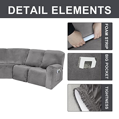 Okyuk Corner Sectional Couch Covers 7-Piece For 4 Seat Recliner + 1 Corner Seat, Sectional Recliner Couch Covers Soft Stretch Velvet Corner Sofa Cover Slipcovers (5 Seater, Grey) #TOP1