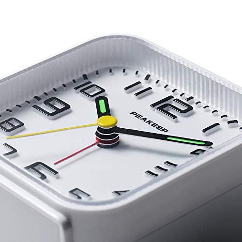 Image of Peakeep 3D Numbers No Tick-Tock Analog Alarm Clock with Classic Beep Sound, Snooze, Manual Light and Battery Powered Small for Travel (White-3D)