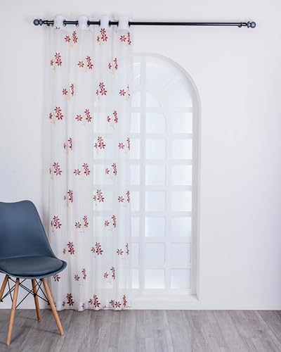 Image of (7 ft Sheer Tissue with Embroidery 3 Flower Design|Grommet Curtains Window Long Curtain|Tissue Fabric Window Curtain (Maroon & Golden)|for Home|(Pack of 2)|213 L X 121 W cm