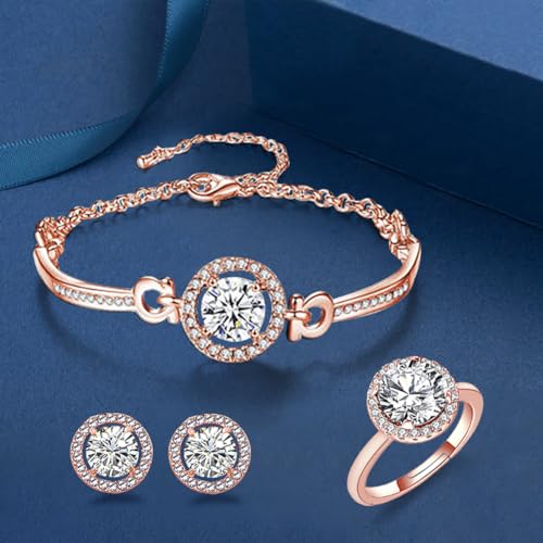 Women 4Pieces Cubic Zirconia Jewellery Set Rhinestone Necklace Earrings Bracelet Ring4