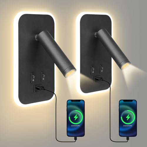2 Piezas Lámpara de pared LED, Luz de Lectura Junto a la Cama con Interruptor y Puerto de Carga USB, Foco Giratorio Montado en la Pared de 3W + 9W 3000K, Apliques Interior para Hogar y Hotel (Negro)