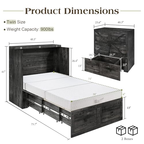 Image of LUXOAK Twin Murphy Bed with 6 inch White Tri-Fold Memory Foam Mattress, Storage Drawer & Charging Station, Space-Saving Design for Home Office or Guest Room, Black Oak