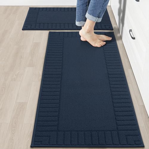 BEQHAUSE Kitchen-Rugs-Washable-Kitchen-Mats-for-Floor Non-Slip Kitchen Mats Set of 2 Absorbent Kitchen Runner Navy Blue with TPR Backing 20x30inch/20x48inch Blue 20x30inch+20x48inch