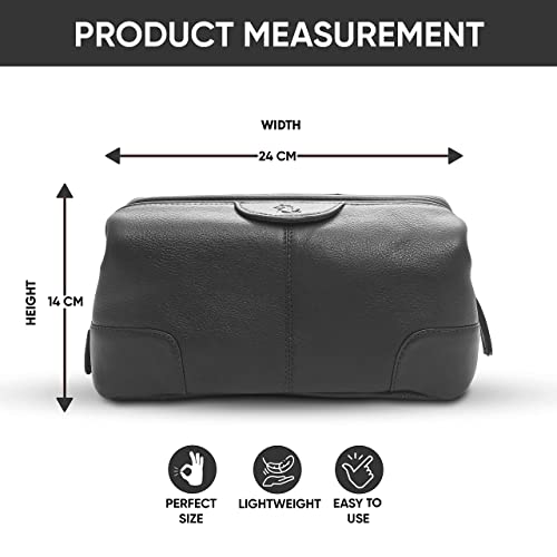 Image of Kara Obama Black Leather Toiletry Bag for Men & Women | Multipurpose Travel Organizer Pouch | Shaving Kit | Makeup Cosmetic Pouch | Waterproof Toiletries Kit for Travel