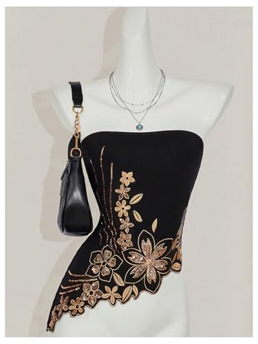 Milumia Women's Floral Embroidered Sequin Tube Top Glitter Strapless Asymmetrical Hem Tops4