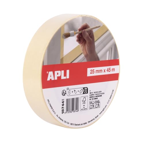 APLI 18744 - Rollo cinta de pintor o carrocero 25 mm x 45 m formato individual. Papel de 57 g/m². Resistente hasta 60º