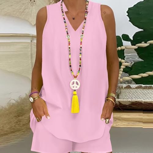 Women's Summer 2 Piece Outfits Summer Casual Sleeveless V Neck Tank Top Loose Shorts Sets Beach Vacation Loungewear3
