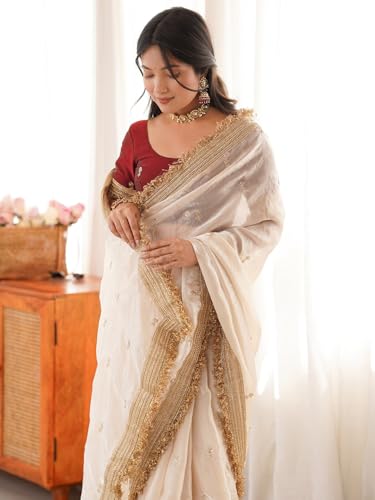 Image of AKHILAM Women's Shimmer Off White Georgette Sequence Embroidery Saree With Unstitched Blouse Piece