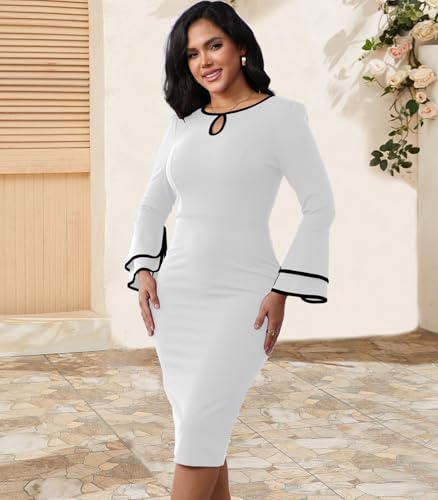 Image of ZonJie Church Dresses for Women Bell Sleeves Business Wear to Work Cocktail Party Pencil Casual Dress