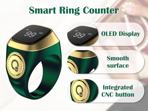 Hitopin Smart Ring Counter, Smart Tasbih Zikr Ring, Muslim Islamic Prayer Smart Rings,Tasbih Counter Smart Ring, Digital Electronic Smart Tally Counter, Tasbeeh Smart Counter for Prayer (Green, 20mm)