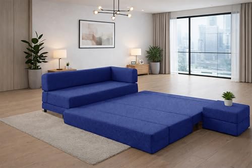 Image of Leg Sofa Cum Bed with Ottoman | Jute Fabric | Multipurpose Folding 3 Seater Sofa Bed 5x6 Ft for Living Room | Space Saving Furniture | Modern Design - Blue