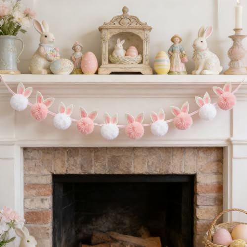 Easter Garland Bunny Decorations Cute Short Plush Bunny Garland Easter Banner Decor for Spring Holiday Party Tree Wall Fireplace Mantle Home Indoor Outdoor Spring Decor