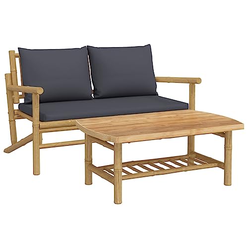 WRJENFSC Ensemble de salon de jardin 2 pièces en bambou avec coussins gris foncé - Banc de jardin élégant et table basse pour terrasse et balcon - Salon de...