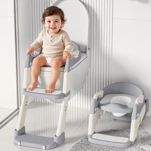 Image of KidDough Potty Training Seat with Ladder, Splash Guard, Handle and Cushion Seat, Polypropylene, Grey, Modern Style, for Kids (Potty Seat 3in 1, Grey)