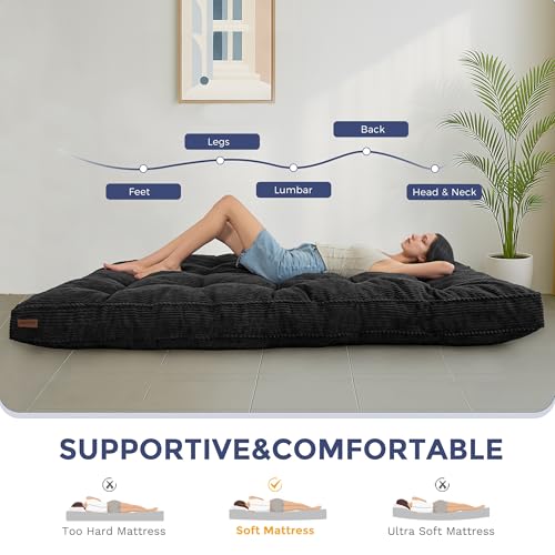 MAXYOYO 6" Futon Mattress Full Size, Tufted Futons Sofa Couch Bed with Twisted Rope Design Edging, Thick Corded Fabric Floor Mattress for Adults, Shredded Foam Filling (Frame Not Included), Black