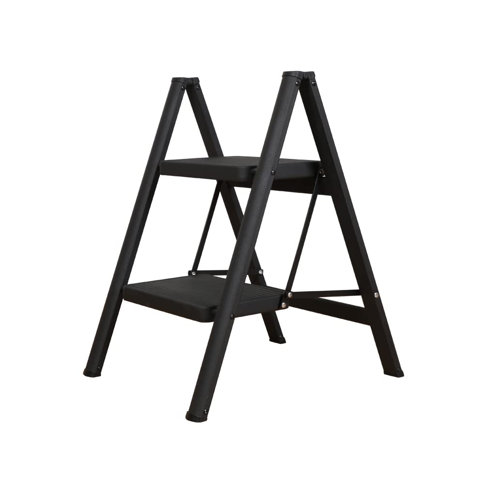 BAOYOUNI Escalera 2 Peldaños Taburete Plegable con Pedal Ancho Antideslizante Escalones Domestica Ligera y Portátil Multifunción para Hogar, Cocina, Oficina, Exteriores, Adultos, Negra
