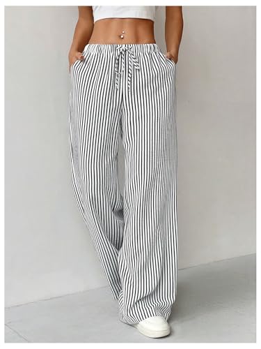 SweatyRocks Women's Y2K Striped Pants Wide Leg Drawstring High Waist Long Trousers with Pocket3