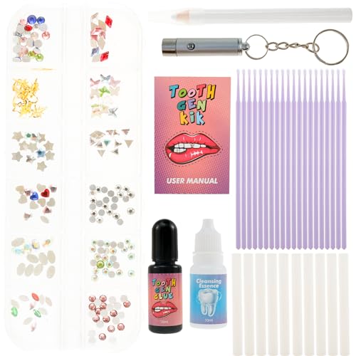 Tooth Gem Kit Professional Teeth Jewelry Gem Kit Includes Cotton Swabs Micro Brush Gemstone Picker UV Gel Diamonds Opener Tooth Diamond Gel Tooth Diamond Cleaner DIY Dental Jewelry (Style 1)