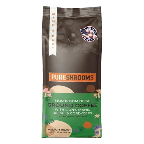 PureShrooms Decaf Mushroom Coffee | Single Origin, Swiss Water, Ground, Infused with Organic Lion’s Mane, Reishi & Cordyceps + L‑Theanine – Guatemala 12 oz Bag