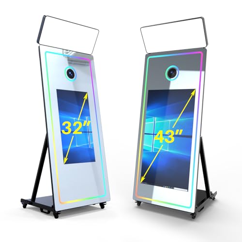 Image of Magic Mirror Photo Booth, 65'' Mirror Photo Booth, 43'' Interactive Touch Screen with RGB Ring Light, Built-in Mini PC with Instant Print and Sharing(with Camera and Mini Printer)-Black