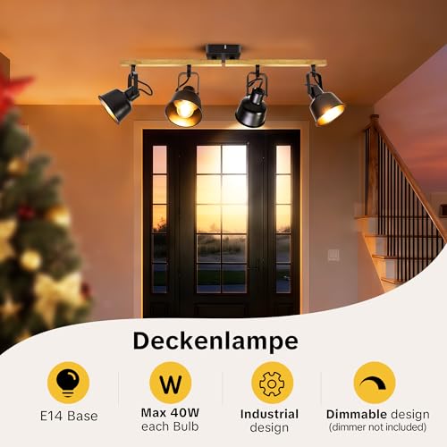 Deckenstrahler 4 Flammig, Schwenkbar 350°, Vintage Deckenlampe LED Deckenleuchte, E14 Fassung Industrial Holzmaserung Spotbalken für Küche, Wohnzimmer, Schlafzimmer, Schwarz (Ohne Leuchtmittel)