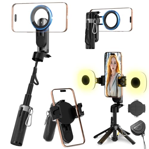 Magnetic Phone Tripod Stand with 2 Selfie Light & Bluetooth Remote,Mini Selfie Stick Tripod with Handle Grip,360° Rotation,19'' Extendable,Stand Compatible with iPhone/Android,for Vlog,Photography