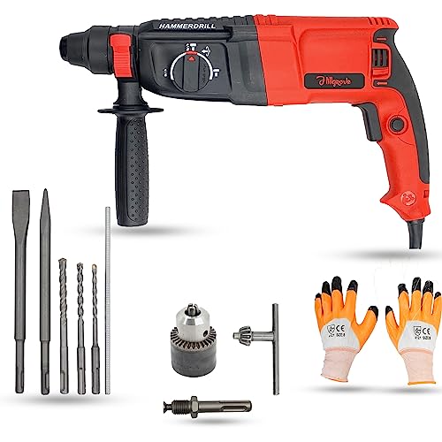 Image of Hillgrove HGCM790M1 26mm Hammer Impact Drill Machine Forward /Reverse Rotation with 5Pcs SDS Plus Bits for Making Holes in Metal /Wood /Concrete Hammer Drill (26 mm Chuck Size, 1200 W)