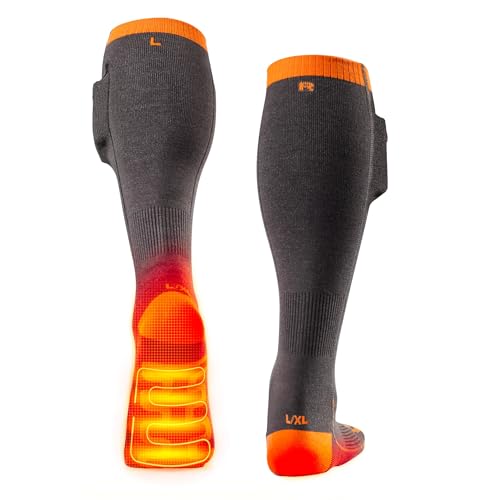 Gobi Heat Roam Heated Socks for Men and Women – Unisex, Remote Control, Rechargeable, Up to 12 Hours, Perfect for Skiing, Hiking, Working, & Outdoors - Grey Sock w/Orange Trim - Fits Large & X-Large
