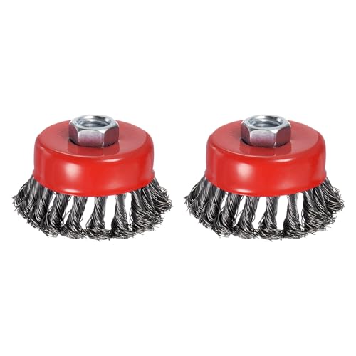 Image of 2 Pcs Twisted Knotted Wire Cup Brush for Angle Grinder - [3 Inch] for Paint Stripping Cleaning Rust Duty Abrasive, 5 /8 Inch-11 Threaded Arbor, .020 Carbon Steel Wire, Red