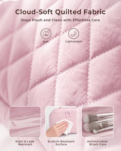 Image of Batfield Makeup Pouch Bag for Women, 2Pcs Waterproof Puffer Set with 180 Flat Open, Travel Large Capacity Makeup Bag for Women with Brush Compartment & Handle for Vacation, Business Trip (Pink)