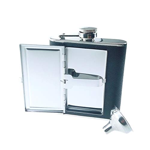 Time Roaming Hip Flask PU Leather Stainless Steel Wrapped With Built-In Cigarette Case
