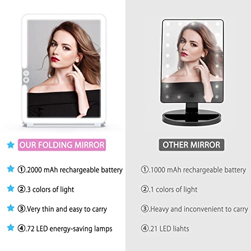 WEILY Portable Travel Mirror Makeup Mirror with 72 LED Lights, Touch Screen Three Colors Dimmable,Ultra Thin, 2000 mAh USB Rechargeable Foldable Cosmetic Mirror(White) by WEILY - Image 6