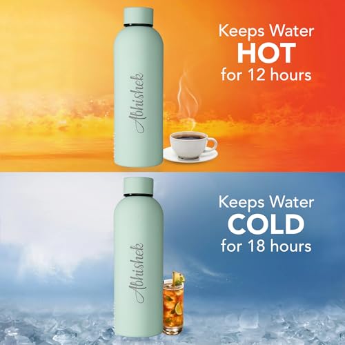 Image of AICA Personalized Name Stainless Steel Water Bottle -500ml -12Hrs Hot & 18Hrs Cold (Pistagreen) |Customised Gift For Man Woman Girl Boy