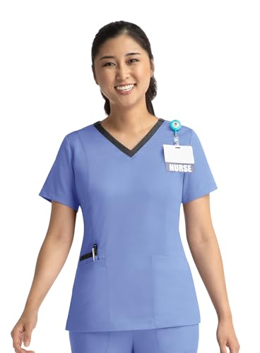 Maevn Matrix Heather Contrast Double V-Neck Scrub Top (Large, Ceil Blue)