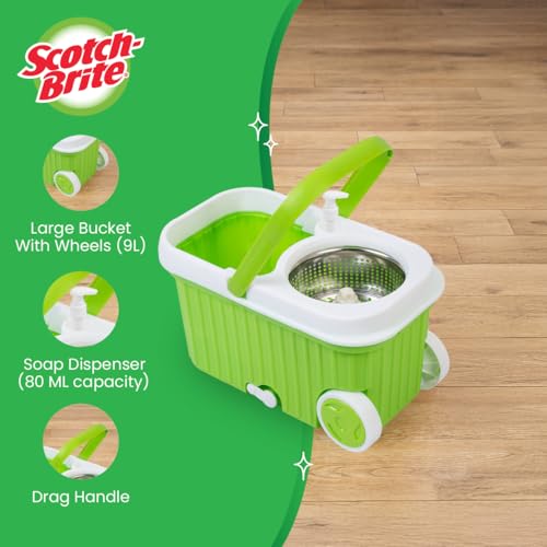 Scotch-Brite Supreme Spin Mop with Steel Spinner Bucket | Big Wheels, Puller Handle & Liquid Soap Dispenser | 360° Easy Floor Cleaning System | Adjustable Telescopic Handle | Extra Refill Available