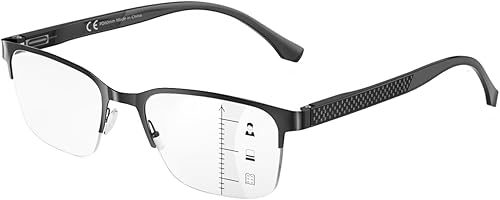 Miniatura 1 de SKYOAK Templos decorativos de fibra de carbono prémium progresivos multienfoque para hombre, lentes de lectura multifocales de metal azul claro