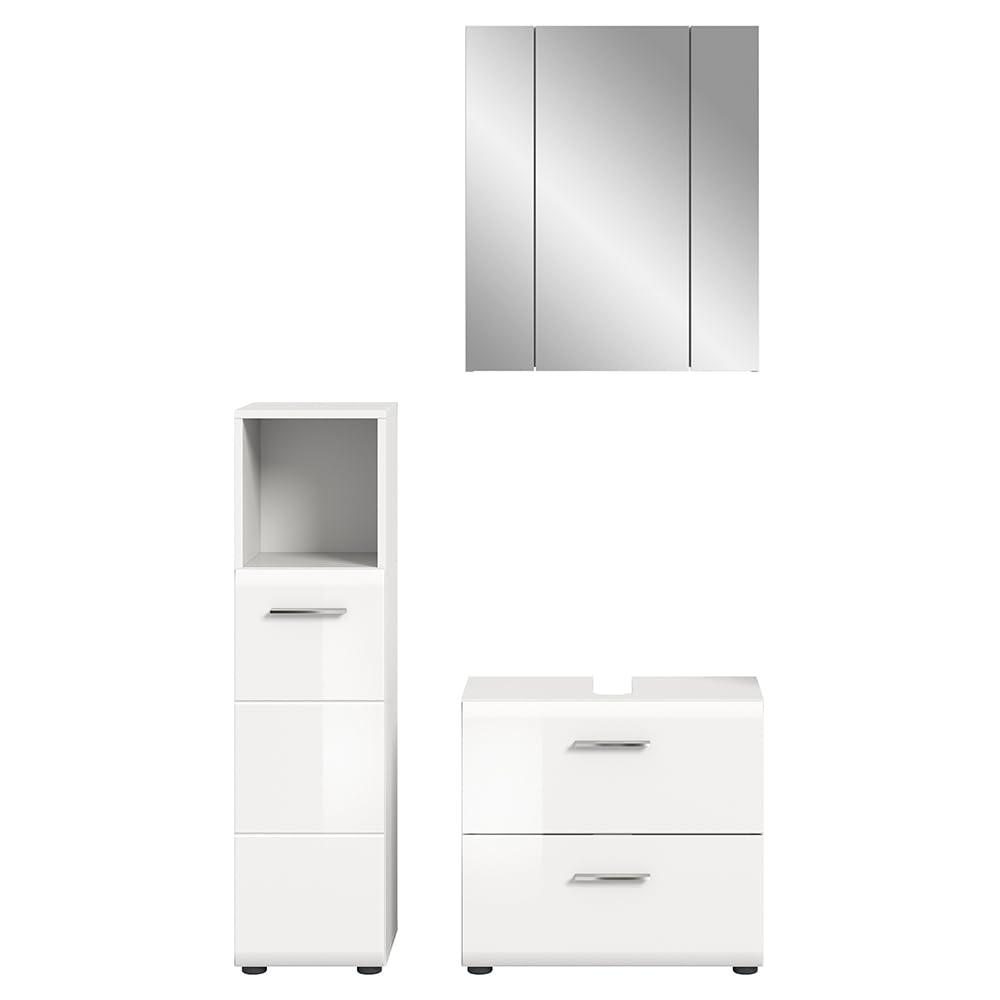 Lomadox Badezimmer Badmöbel-Set 3-teilig in weiß mit weiß Hochglanz, mit 1 Midischrank, 1 Spiegelschrank mit 3D-Funktion & 1 Waschbeckenschrank