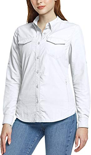 CQR Women's Long Sleeve Hiking Shirts, UPF 50+ Quick Dry Outdoor UV/Sun Protection Button Down Shirts WOS202-WHT Medium