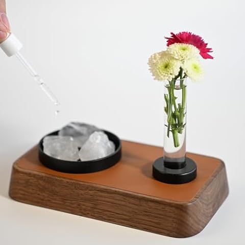YUMORE Luxury Terrarium Set with Walnut Wood & Leather Holder, Includes Essential Oils, Diffuser Stones, and Decorative Flower Vase – Elegant Home Décor Cover