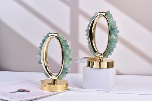 Image of AMOYSTONE Natural Crystal USB Led Lamp Green Fluorite Night Light Elliptical Table Lamp Tri-Color Rock Crystal Lamp for Bedroom Table Living Room