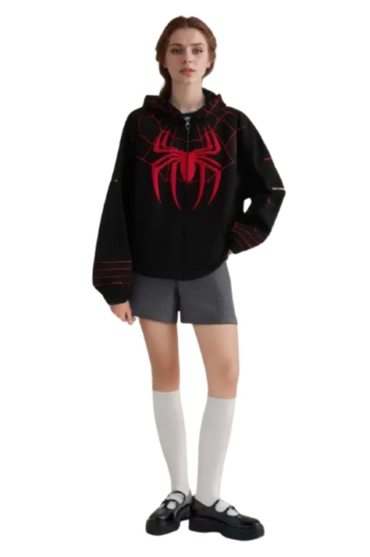 styleverse-stay in style Women's Stylish Graphic Web Pattern Hoodie Jacket with Zip Closure for Casual Wear Bike Riding and Daily Fashion (Size: M) Black-picture-11