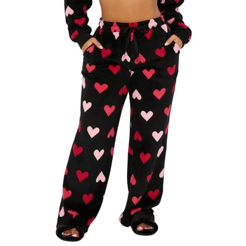 Image of Valentine's Day Flannel Pants Women's Romantic Heart Print Elastic Drawstring Waistband Wide Leg Loose Fit Trousers