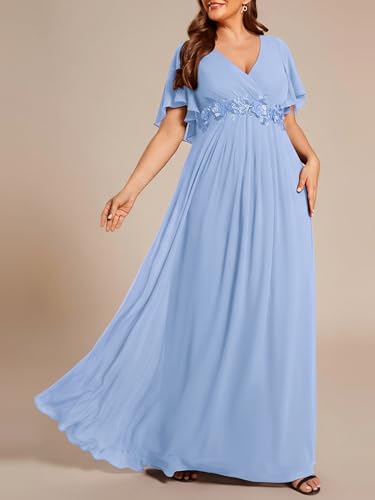 Image of Ever-Pretty Short Sleeves V Neck Plus Size Formal Dresses for Curvy Women Chiffon Mother of The Bride Dress Evening Gowns