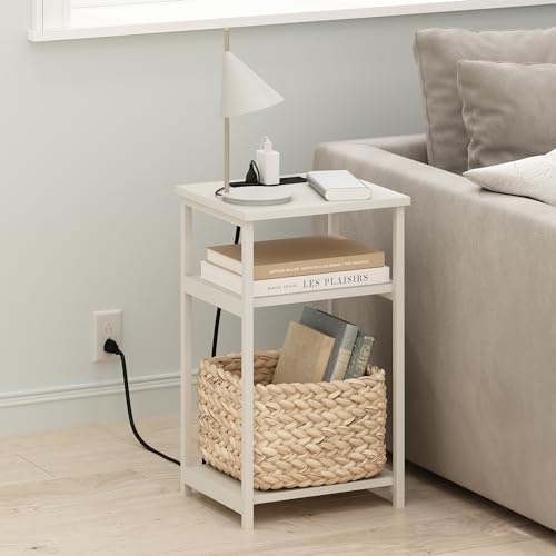 Image of Furinno Moretti 3-Tier USB and Type-C Charging Port Open Storage Side Table with Metal Frame, White /White