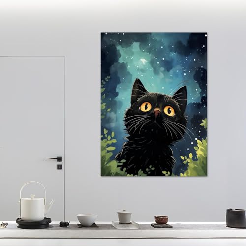 Tableau chat noir abstrait pour habiller un mur vide avec une décoration moderne 40x60 cm