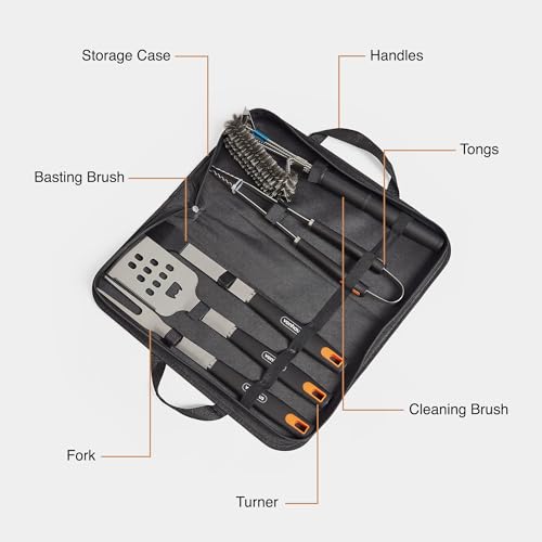 VonHaus BBQ Tool Set & Storage Case, 5 Piece Barbeque Accessories Kit, Includes Spatula, Fork, Tongs, Basting Brush & Cleaner, Heavy Duty Stainless Steel BBQ Utensil Set for Outdoor Cooking
