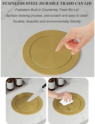 カウンタートップゴミ箱カバー、キッチンキャビネットの廃棄物処理用のステンレス製ゴミ箱シュート蓋，Gold Lid + bucket