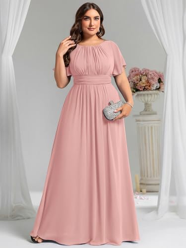 Image of Ever-Pretty Plus Elegant Formal Dresses for Curvy Women Round Neck Short Sleeves Chiffon Bridesmaid Mother of The Bride Dress